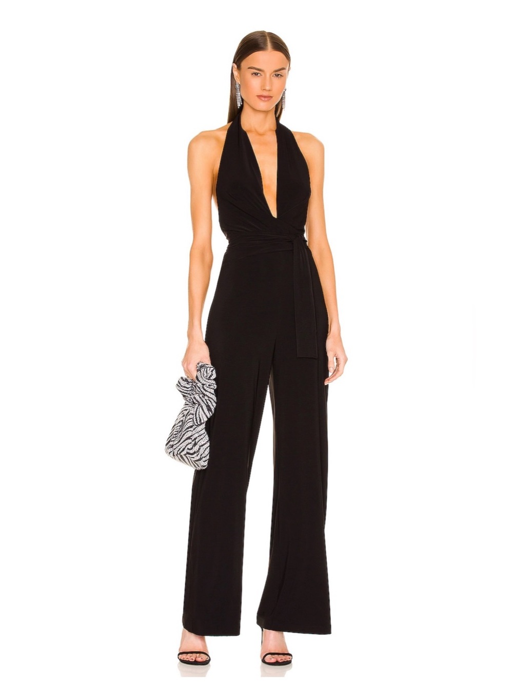 Norma Kamali Black Halter Wrap Straight Leg Jumpsuit with Sash
